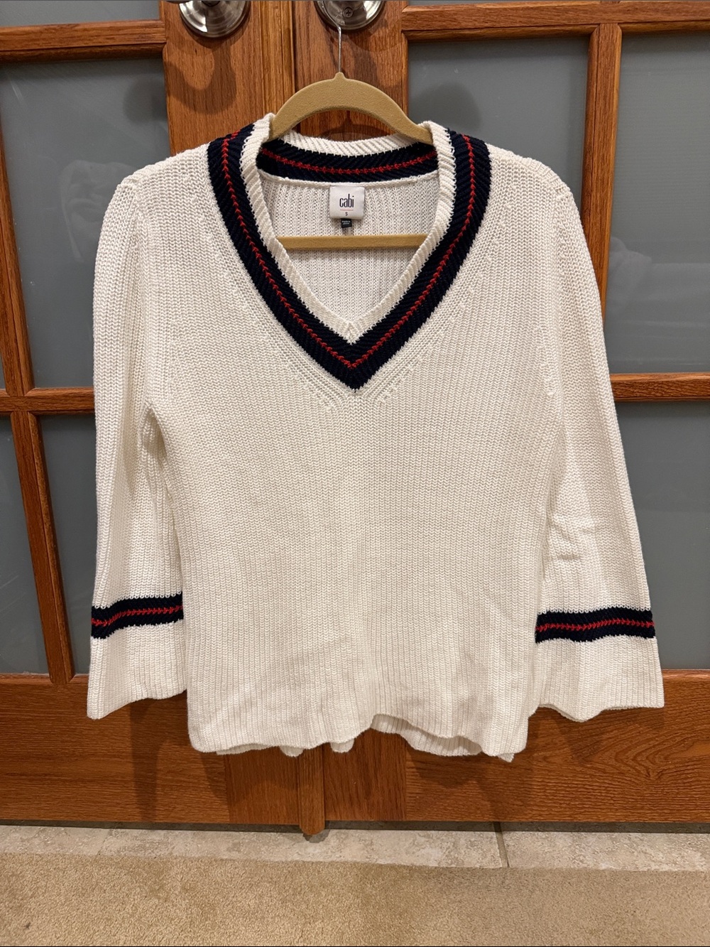 CAbi Cream V-Neck Sweater with Navy and Red Trim